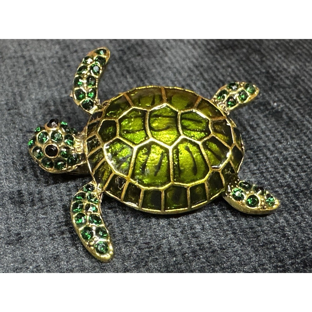 Turtle Brooch Green Enamel Gold Tone Rhinestone Sea Turtle Pin Vintage